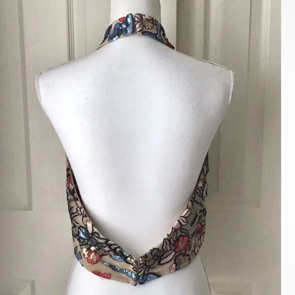 Social Code Halter Crop Top Size 1 Multicolor Sequins Floral Sparkle - Picture 2 of 8
